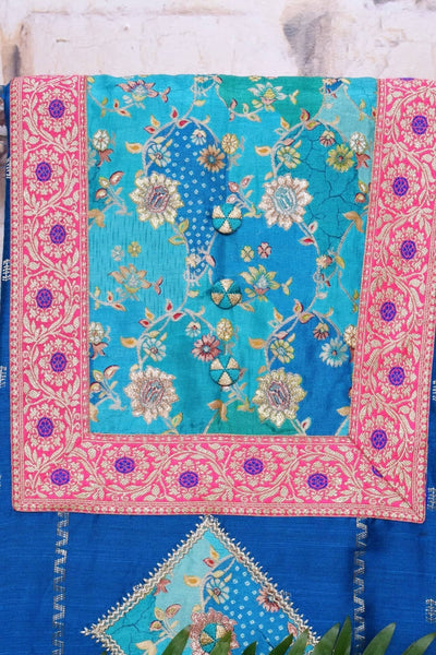 Blue Cotton Silk Brocade Patchwork Kurti