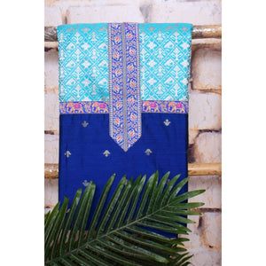 Blue Cotton Silk Brocade Patchwork Kurti