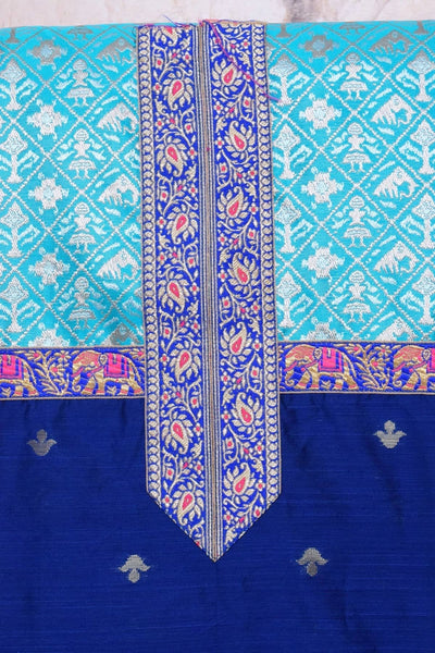 Blue Cotton Silk Brocade Patchwork Kurti