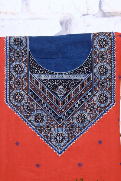 Red Cotton Ajrakh Patchwork Kurti Fabric