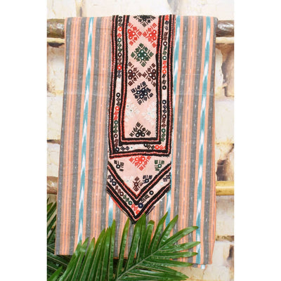 Peach Pochampally Ikat Cotton Kutch Oldwork Kurti Fabric