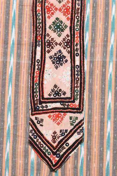Peach Pochampally Ikat Cotton Kutch Oldwork Kurti Fabric