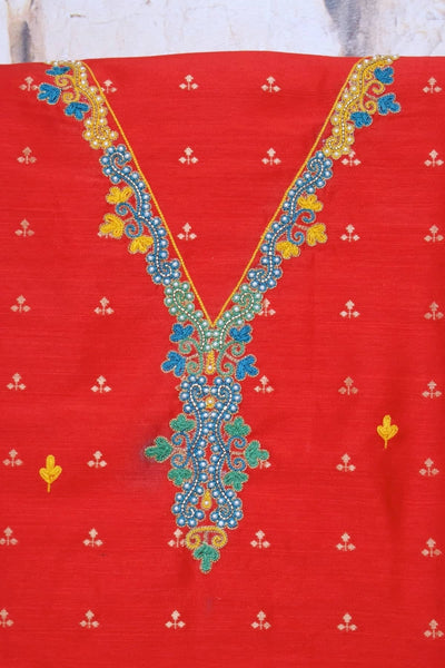 Red Hand Embroidered Cotton Silk Kurti Fabric