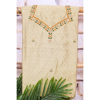 Beige Hand Embroidered Cotton Silk Kurti Fabric