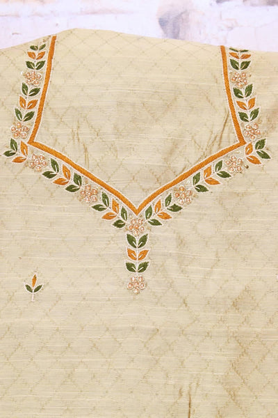 Beige Hand Embroidered Cotton Silk Kurti Fabric