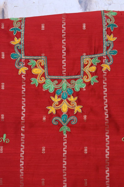 Red Hand Embroidered Cotton Silk Kurti Fabric