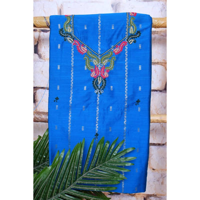 Blue Hand Embroidered Cotton Silk Kurti Fabric