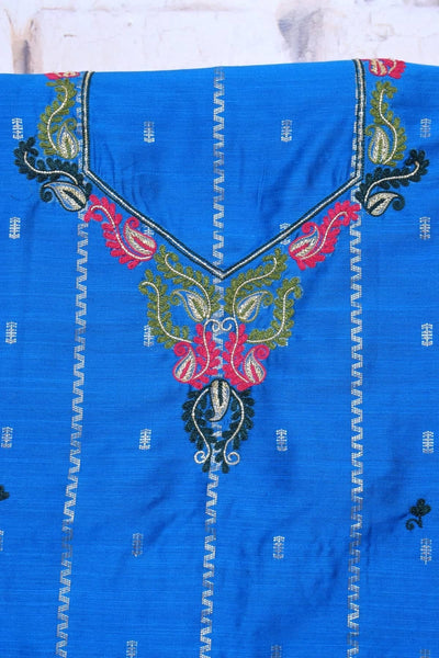 Blue Hand Embroidered Cotton Silk Kurti Fabric