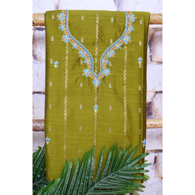 Green Hand Embroidered Cotton Silk Kurti Fabric