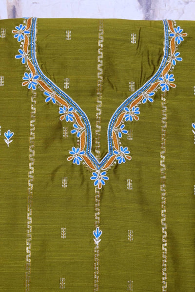 Green Hand Embroidered Cotton Silk Kurti Fabric