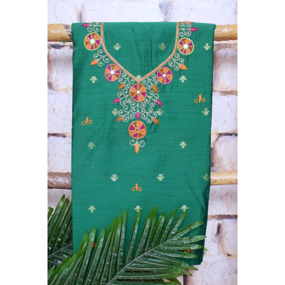 Green Hand Embroidered Cotton Silk Kurti Fabric
