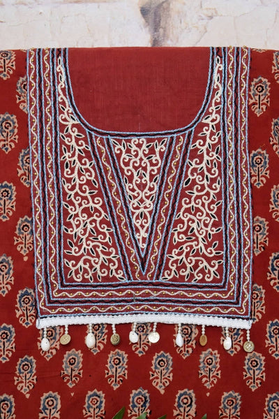 Madder Ajrakh Block Print Hand Embroidered Kurti