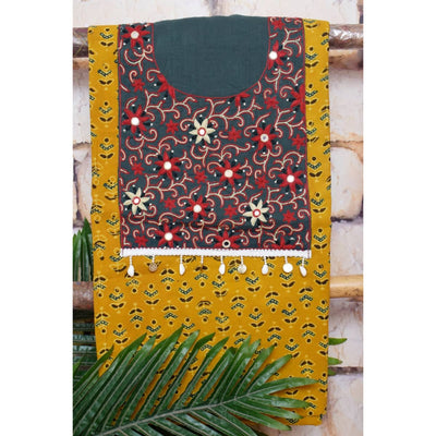Yellow Ajrakh Block Print Hand Embroidered Kurti