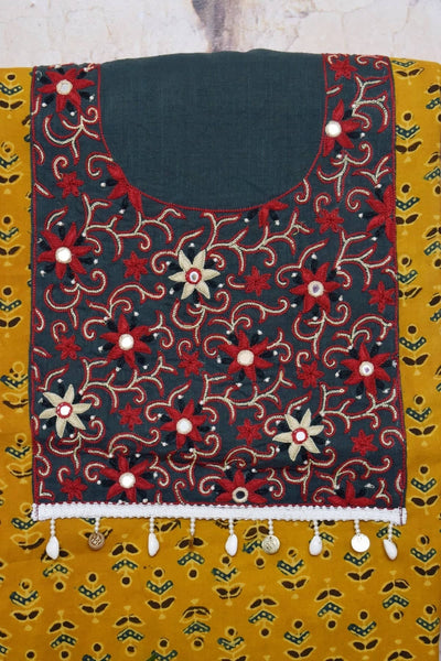 Yellow Ajrakh Block Print Hand Embroidered Kurti