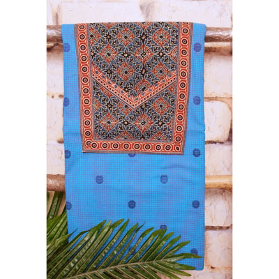 Blue Cotton Ajrakh Patchwork Kurti Fabric- SSEthnics