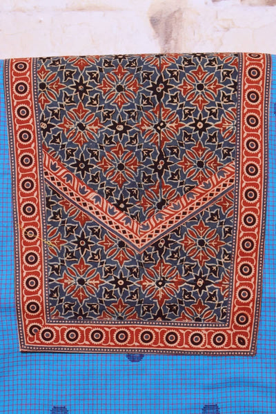 Blue Cotton Ajrakh Patchwork Kurti Fabric- SSEthnics