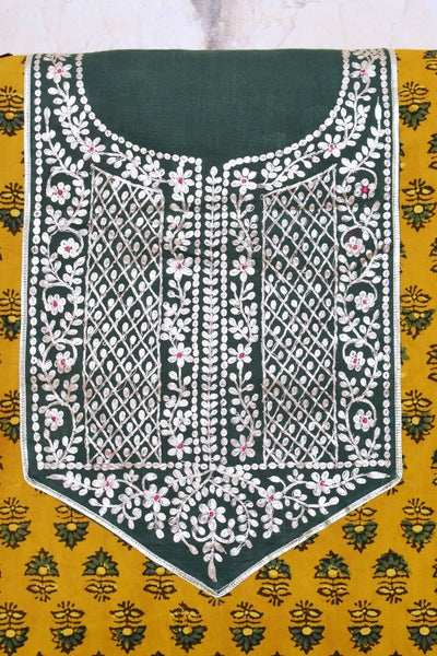 Yellow Ajrakh Pittan Work Kurti Fabric