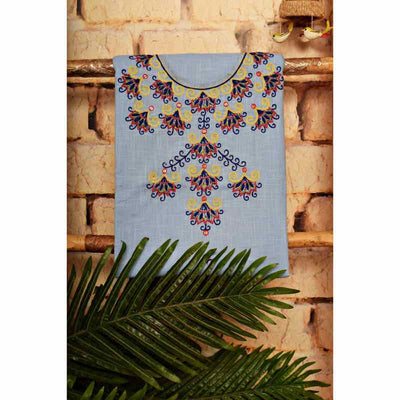 Light Blue Cotton hand Embroidered Kurti with Back Embroidery - SSEthnics