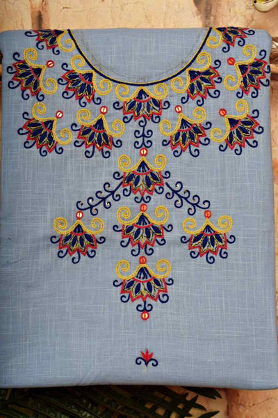 Light Blue Cotton hand Embroidered Kurti with Back Embroidery - SSEthnics
