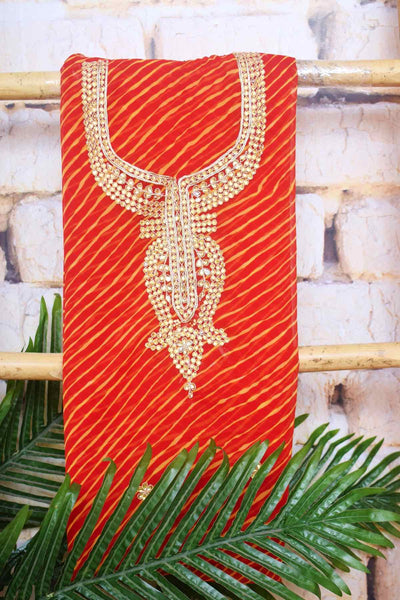 Peach Georgette Viscose Leheriya Kundan-Gota Kurti Fabric