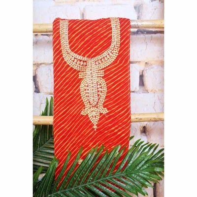 Peach Georgette Viscose Leheriya Kundan-Gota Kurti Fabric