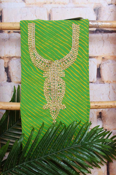 Green Georgette Viscose Leheriya Kundan-Gota Kurti Fabric