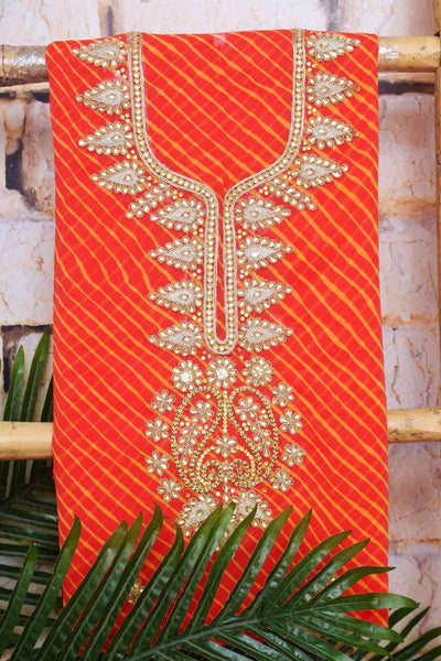 Peach Georgette Viscose Leheriya Kundan-Gota Kurti Fabric