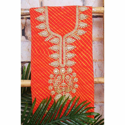 Peach Georgette Viscose Leheriya Kundan-Gota Kurti Fabric