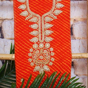 Orange Georgette Viscose Leheriya Kundan-Gota Kurti Fabric