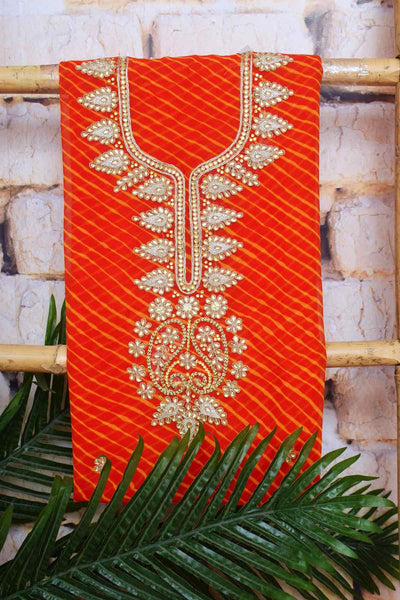 Orange Georgette Viscose Leheriya Kundan-Gota Kurti Fabric