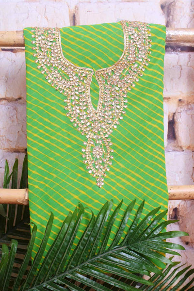 Green Georgette Viscose Leheriya Kundan-Gota Kurti Fabric