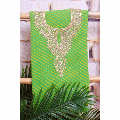 Green Georgette Viscose Leheriya Kundan-Gota Kurti Fabric