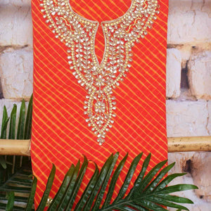 Peach Georgette Viscose Leheriya Kundan-Gota Kurti Fabric