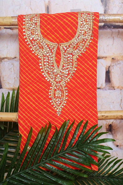 Peach Georgette Viscose Leheriya Kundan-Gota Kurti Fabric