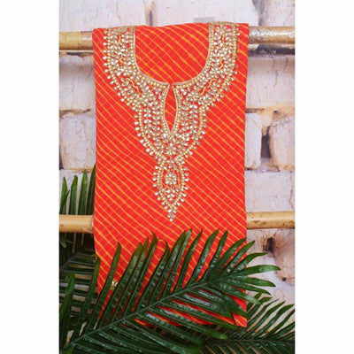 Peach Georgette Viscose Leheriya Kundan-Gota Kurti Fabric