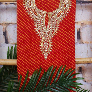 Red Georgette Viscose Leheriya Kundan-Gota Kurti Fabric