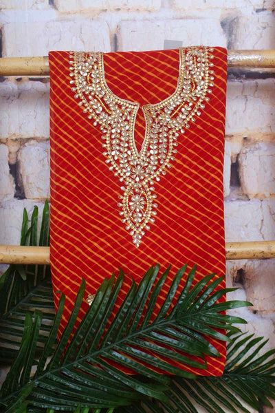 Red Georgette Viscose Leheriya Kundan-Gota Kurti Fabric