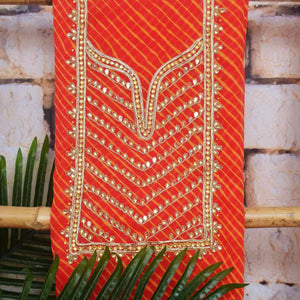 Peach Georgette Viscose Leheriya Kundan-Gota Kurti Fabric