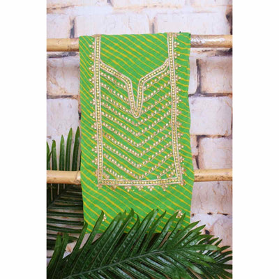 Green Georgette Viscose Leheriya Kundan-Gota Kurti Fabric