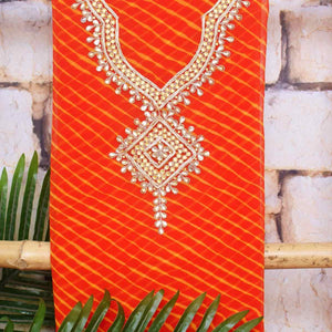 Orange Georgette Viscose Leheriya Kundan-Gota Kurti Fabric
