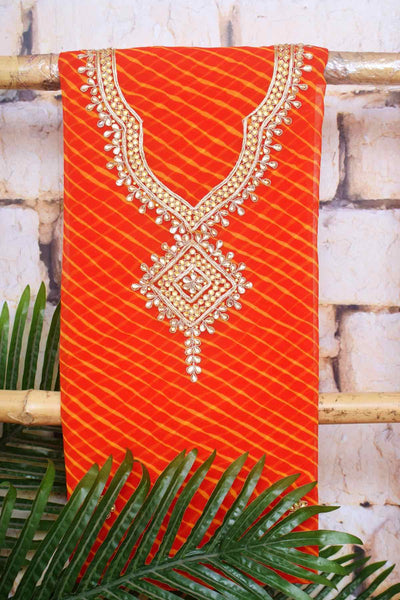 Orange Georgette Viscose Leheriya Kundan-Gota Kurti Fabric