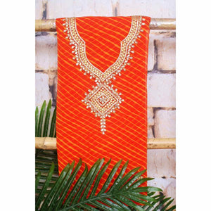 Orange Georgette Viscose Leheriya Kundan-Gota Kurti Fabric