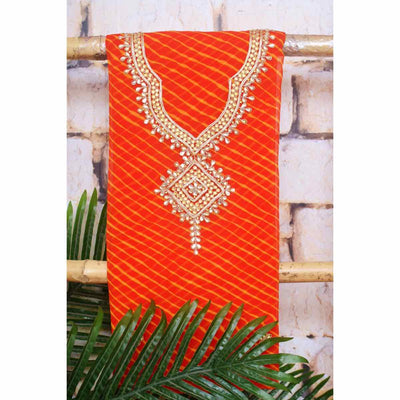 Orange Georgette Viscose Leheriya Kundan-Gota Kurti Fabric