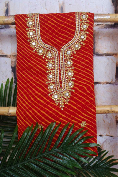 Red Georgette Viscose Leheriya Kundan-Gota Kurti Fabric