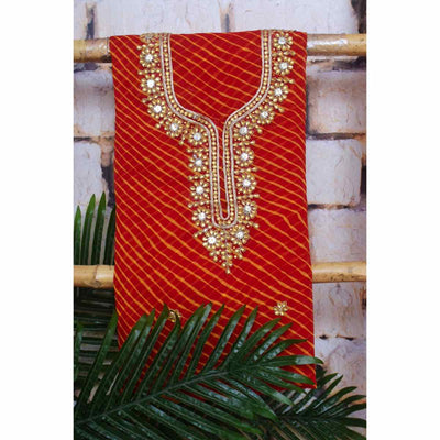 Red Georgette Viscose Leheriya Kundan-Gota Kurti Fabric