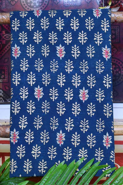 Indigo Block Print Embroidered Kurti Fabric - SSEthnics