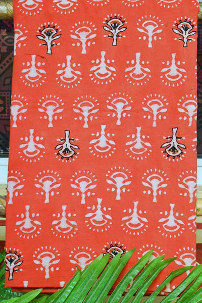 Orange Block Print Embroidered Kurti Fabric - SSEthnics