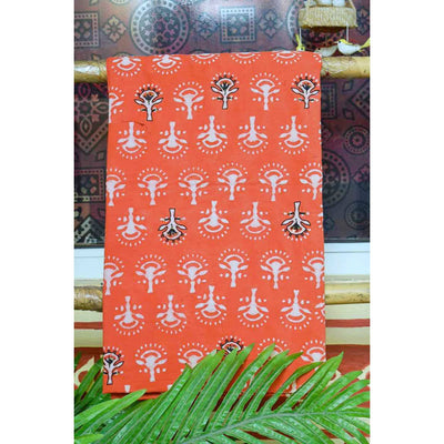 Orange Block Print Embroidered Kurti Fabric - SSEthnics