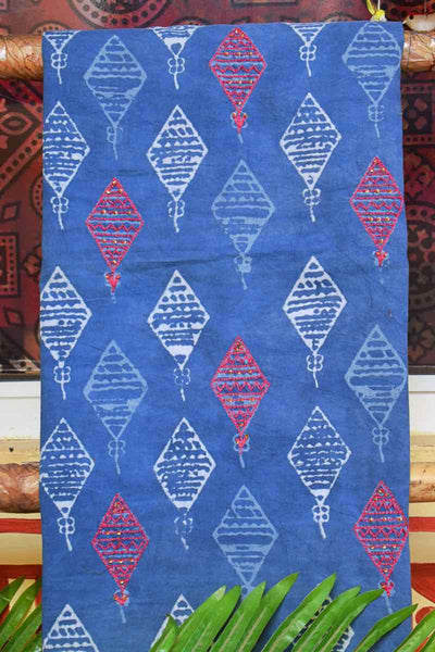 Indigo Block Print Embroidered Kurti Fabric - SSEthnics