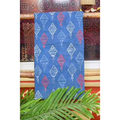 Indigo Block Print Embroidered Kurti Fabric - SSEthnics